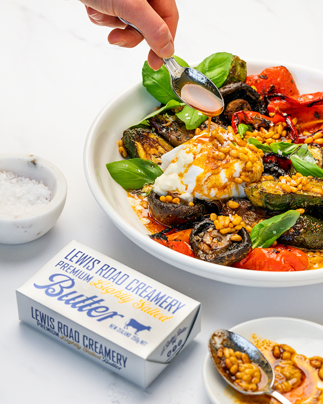 Smoky Brown Butter Grilled Vegetables with Burrata & Pine Nuts | Lewis Road Creamery US